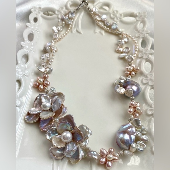 N290-Premium RARE Natural Blue Petal Pearl Blue Flameball Pearl Flower Necklace - Picture 7 of 16